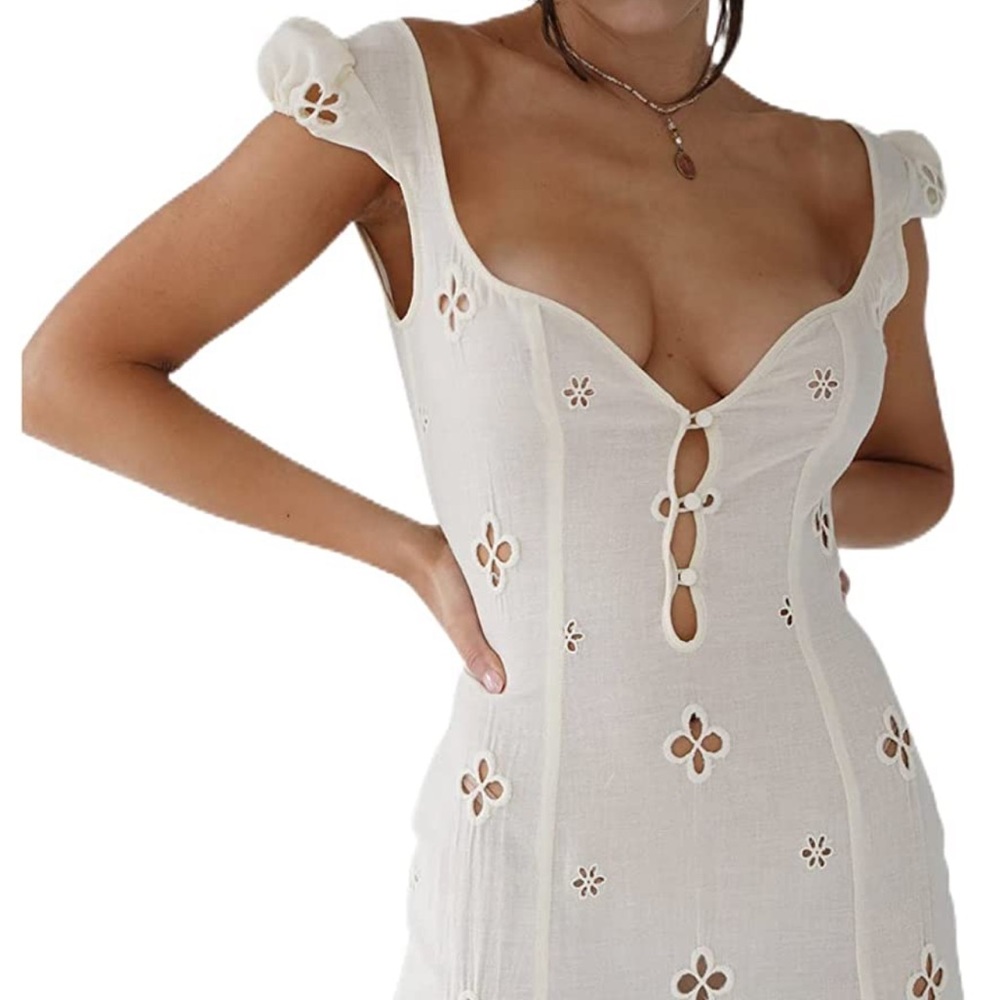 Flower cutout white linen style maxi dress